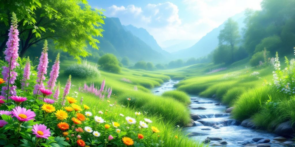 Lush landscape with greenery and a gentle flowing stream.