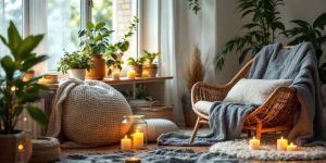 Calm home space with plants and soft lighting.